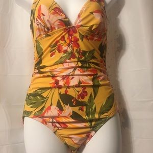 One piece high coverage yellow tropical floral
